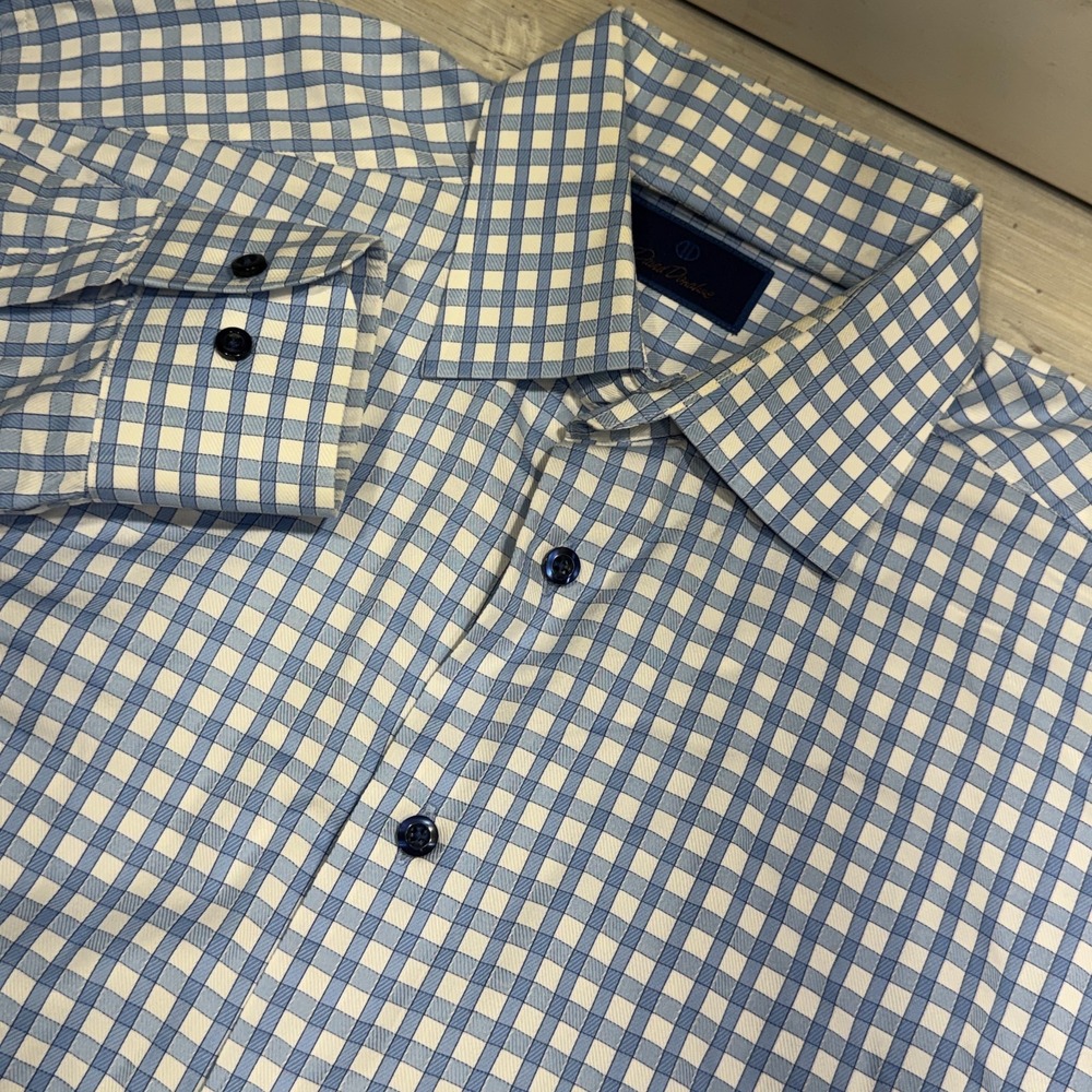 David Donahue Shirt Mens 16.5 36/37 Blue Check Spread Trim Long Sleeve Work